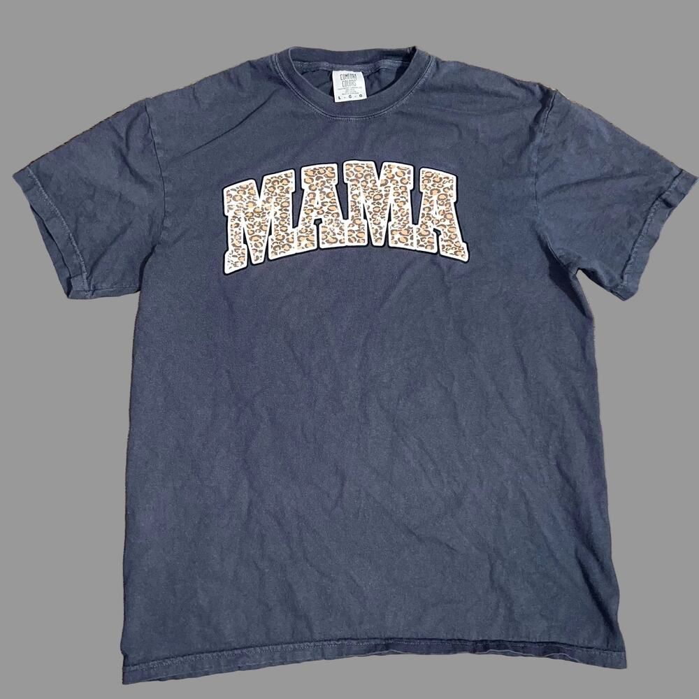 MAMA Leopard Print Graphic Tee Comfort Colors Size Large Navy Grey Mom Life